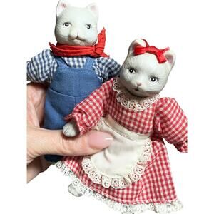 Vintage Mr & Mrs Cat Dolls 5” Country Farm Barn Feline Porcelain Cloth Farmhouse